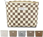 Sminra Sac de maquillage Sac cosmétique Preppy Toile Sac de toilette pour femmes Poche zippée mignon Organisateur Accessoires de voyage, Crème tissée Blanc, Grand
