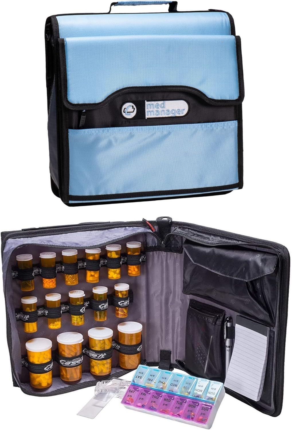Med Manager Deluxe Medicine Organizer and Pill Case, Holds (15) Pill Bottles - (11) Standard Size and (4) Large Bottles, Light Blue, 13 inches x 13 inches x 4.5 inches