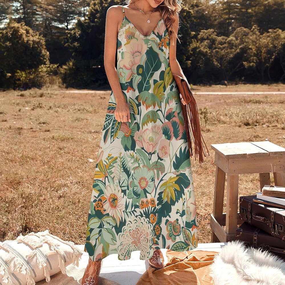 Amazon.com: SceuQertc Tropical Flower Leaves Women's Summer Casual  Spaghetti Strap Sleeveless V-Neck Long Maxi Dress : Clothing, Shoes &  Jewelry