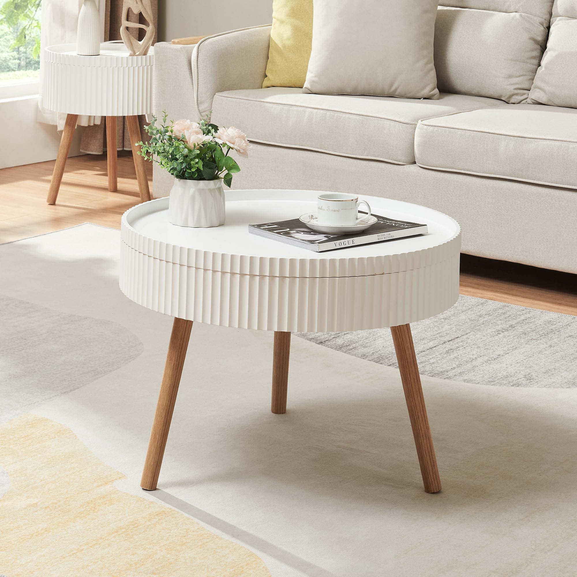 [en.casa] Table Basse avec Plateau Amovibe Table d'Appoint avec Surface Rainurée Compartiment de Rangement Fermé Bout de Canapé Table de Chevet Ronde MDF Bambou 45 x 60 cm Blanc Naturel