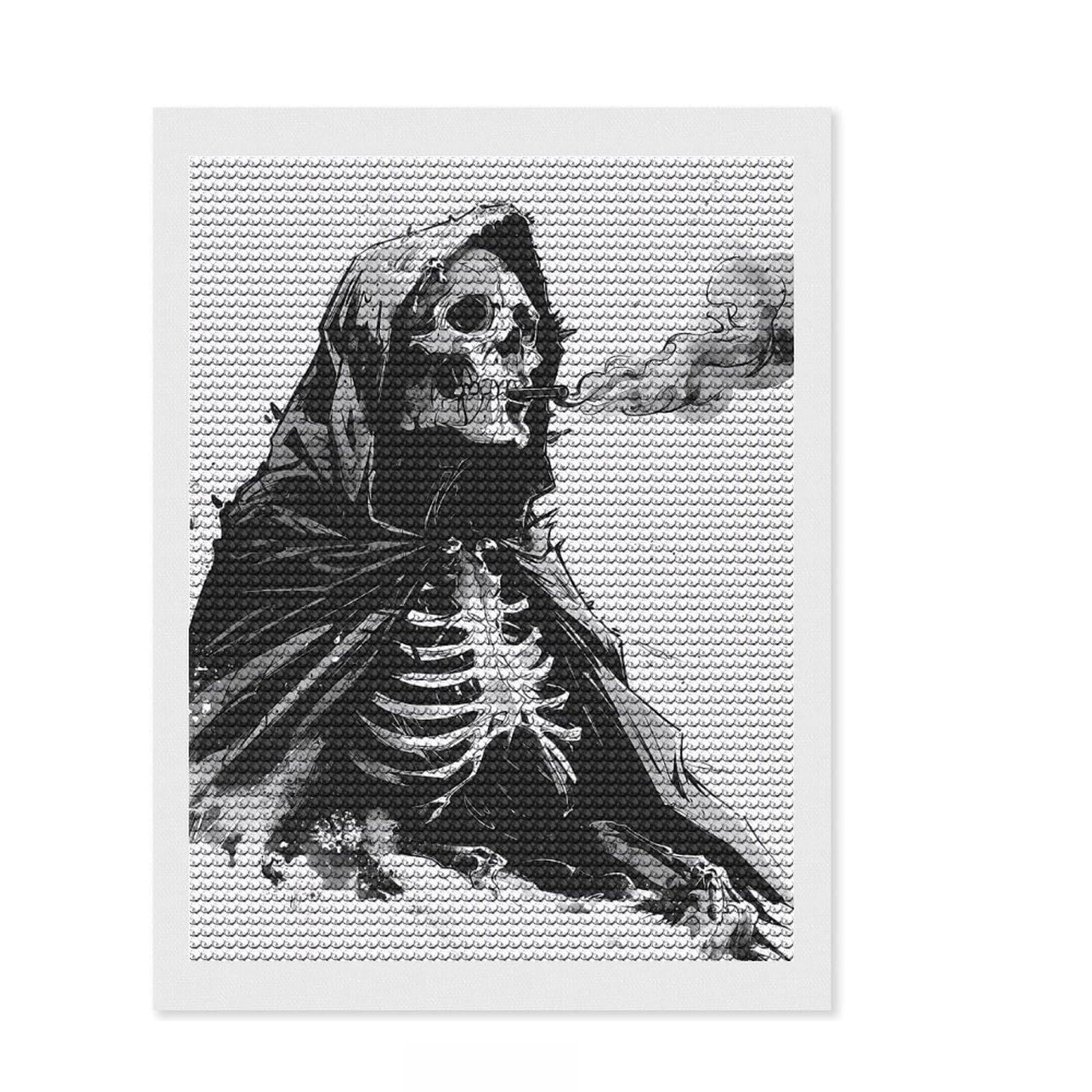 Junmoney Skeleton Smoking Cigarette DIY Diamond Art Canvas Kit 12"x16", for Teens, Creative Leisure Activity, Boho Decor, Festive Craft Gift