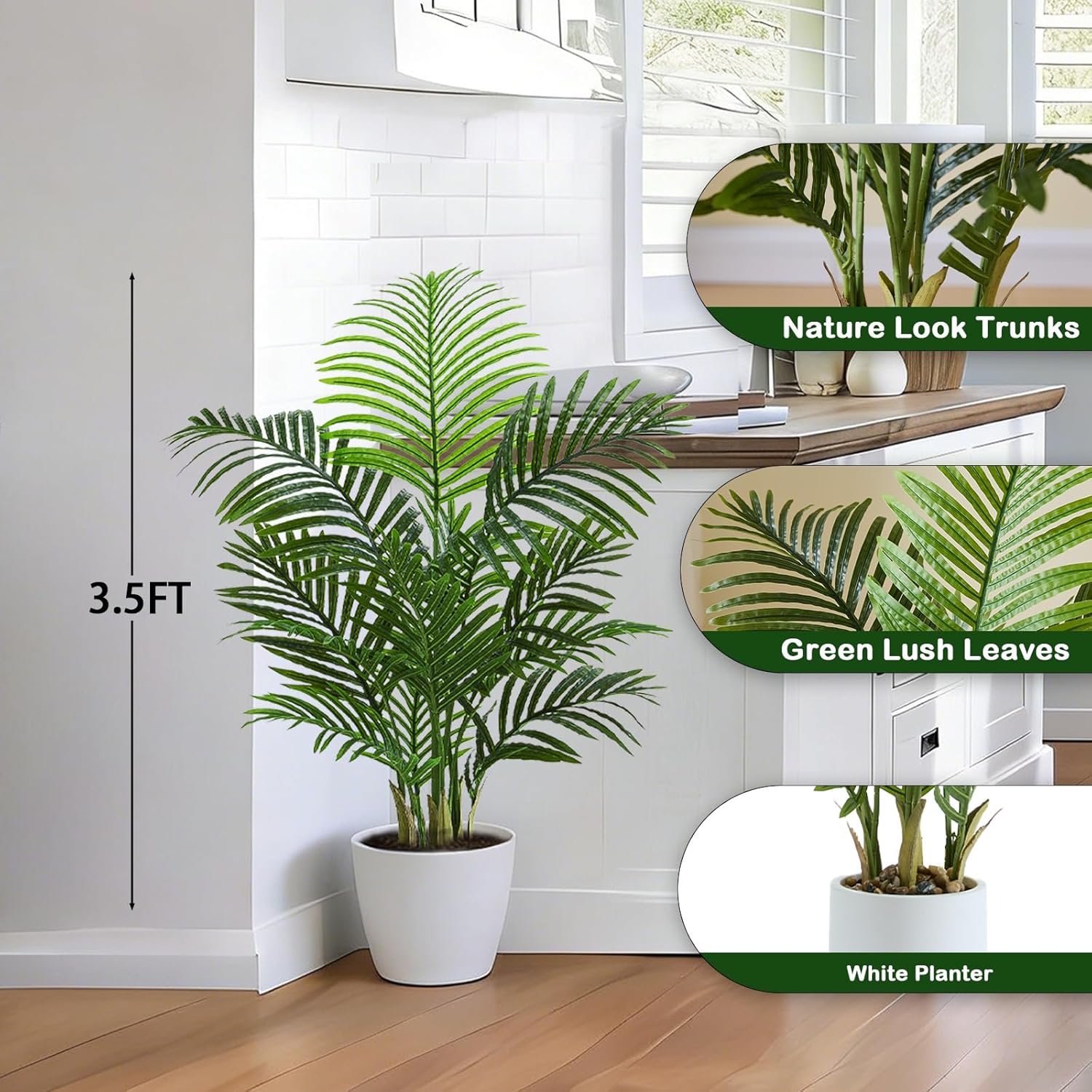 Artificial Palm Tree Indoor, 3.5FT Tall Faux Plants, Fake Tropical Silk Floor Plant with White Planter, Faux Areca Palm Plant Artificial Tree in Pot for Home Room Office Outdoor Patio Decor