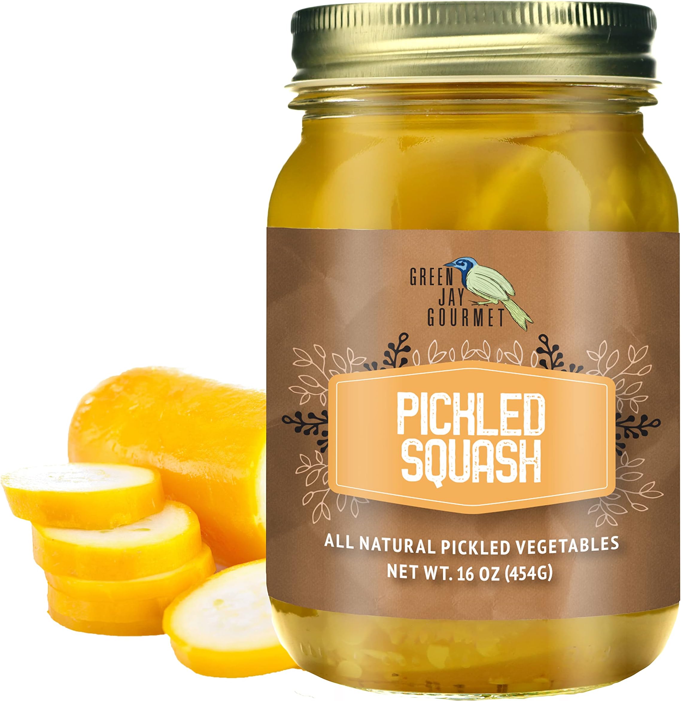 Green Jay Gourmet Pickled Squash in a Jar - Fresh Hand Jarred Vegetables for Cooking & Pantry – Home Grown Pre-Prepared Pickled Squash – Simple Natural Ingredients -16 Ounce Jar