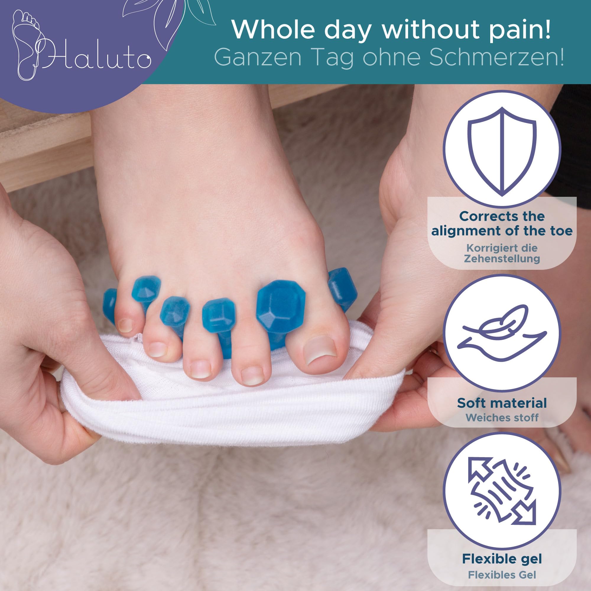 HALUTO separator palców - separator na haluksa i do pedicure - wielokrotnego użytku - korekcja palucha koślawego - separator palców silikonowy dla kobiet, mężczyzn - 3 rozmiary