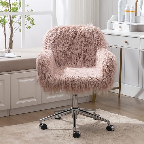 Miniatura 8 de Silla de escritorio de piel sintética rosa, bonito asiento acolchado tapizado esponjoso, moderno y de altura ajustable para sala de estar,