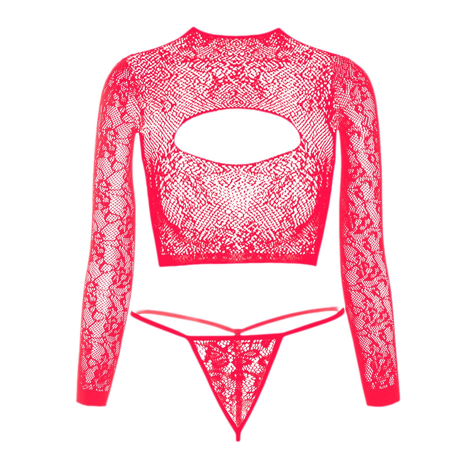 TosmifairySexy Women's Two-Pieces Fishnet Lingerie,G-String Panties,Long Sleeve Crop Top Stretch Sheer Bodysuit Set(Watermelon)