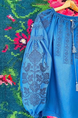 Miniatura 9 de Blusa bordada ucraniana - Camisa casera de algodón azul con bordado floral Vyshyvanka Top para mujer Tamaño y color personalizados XS a 4XL