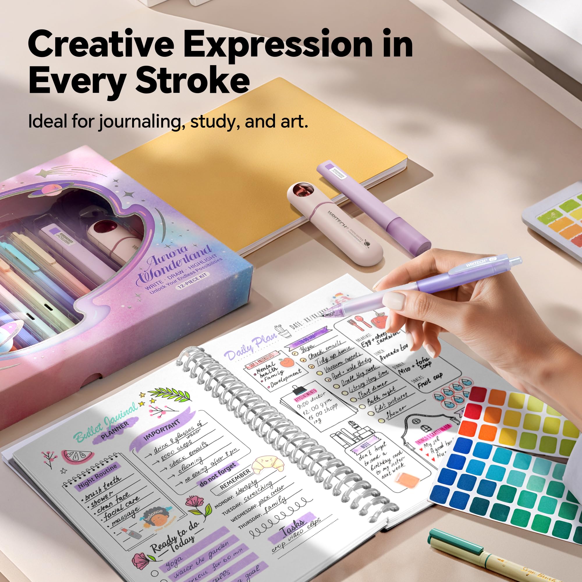 WRITECH Gel Ink Pens Journaling: Aurora Wonderland Pen Set, Gradient Barrels Black Ink Pens Pastel Highlighters Brush Markers, No Bleed Smooth Writing Drawing Gift for Friends 12ct