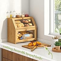 Vista 4 de BMOSU Panera con tabla de cortar, organizador de almacenamiento de pan de cocina, encimera de granja, panera doble de madera de bambú (natural)