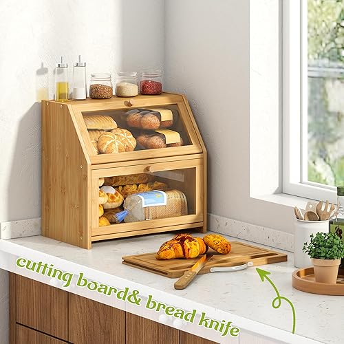 Miniatura 4 de BMOSU Bread Box with Cutting Board Kitchen Bread Storage Organizer Farmhouse Countertop Double Bamboo Wood Bread Box(Natural)