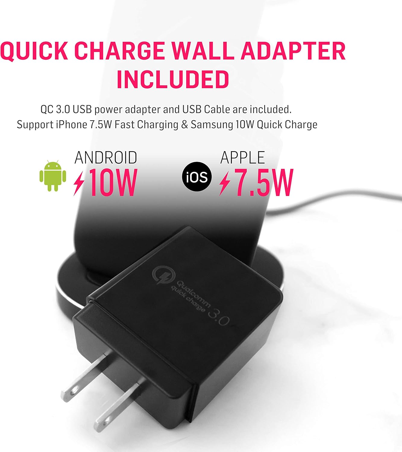 Two smartphones charging on wireless stands, one in portrait mode and one in landscape mode, showing versatility.