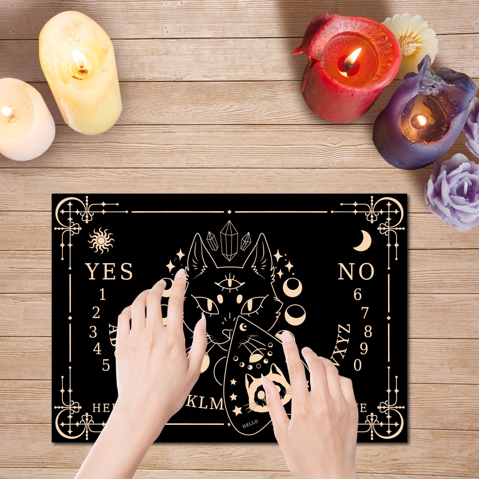 Tavola Ouija In Legno CREATCABIN Con Gatto E Luna - Set Con Planchette, 30x21 Cm, Per Pratiche Spiritiche E Decorazione