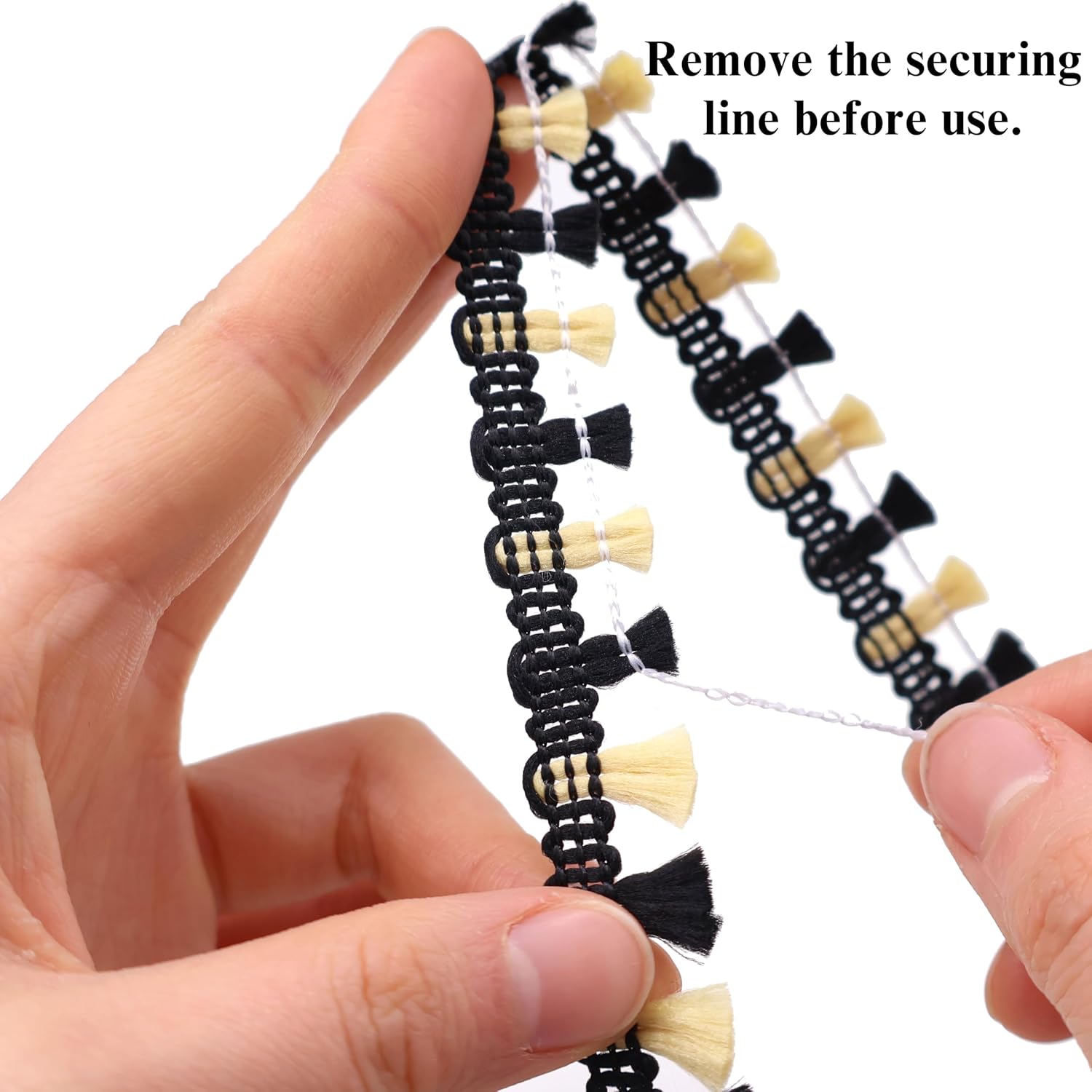 IDONGCAI Black & White Tassel Fringe Trim, Boho Macrame Decorative Ribbon with Mini Tassels, Woven Fringe Tape for Sewing, Home Decor, Gift Wrapping, Curtain, Crafts DIY(Black)