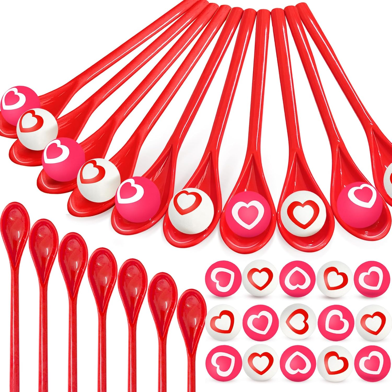 48Pcs Valentine Spoon Relay Race Toy Set,Heart Bouncy Balls Spoons Balance Games for Kids Adults Indoor Outdoor Party Supplies,Valentine‘s Day Gift