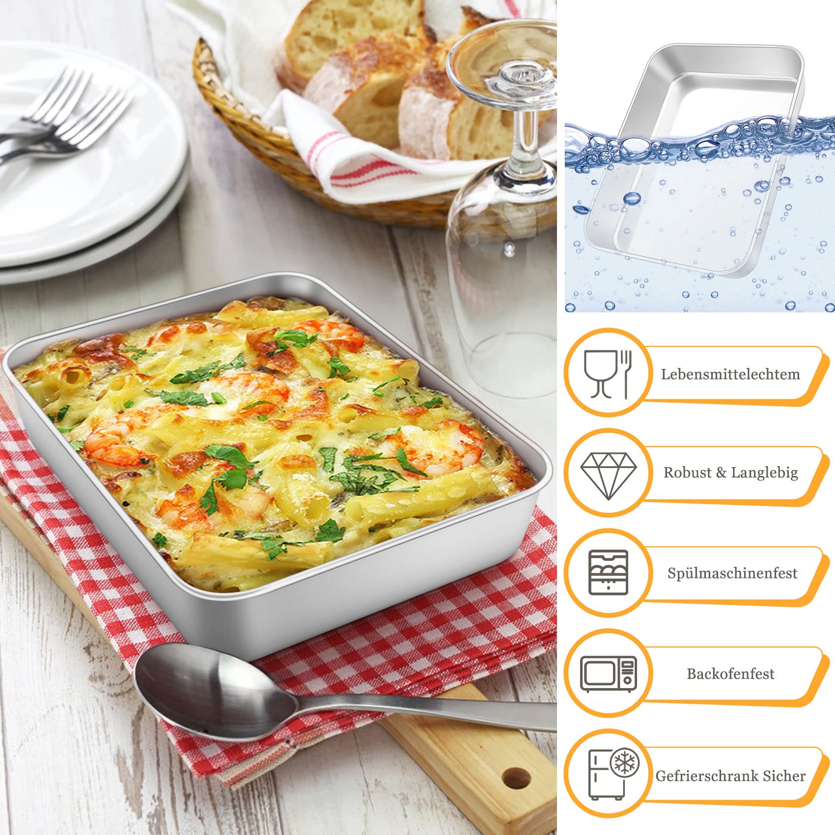 Teglia da forno Onader, 23,8 x 18 x 5 cm, in acciaio inox, rettangolare, piccola teglia da forno, per lasagne, atossica e sana, facile da pulire e lavabile in lavastoviglie
