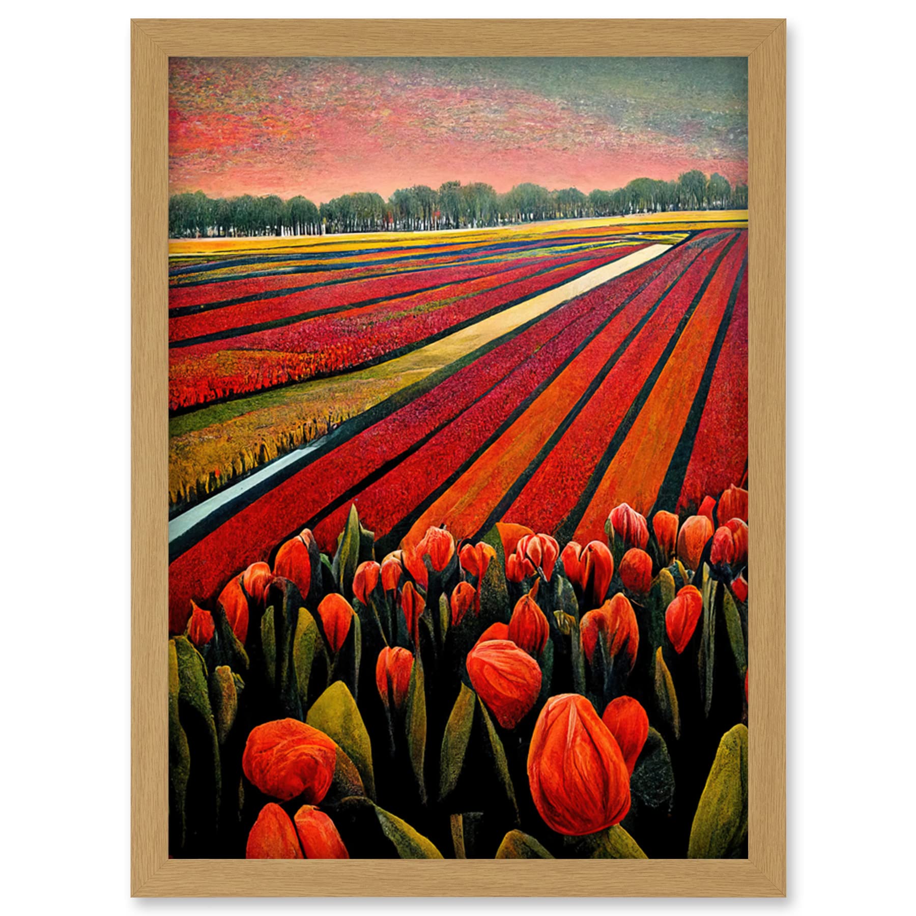 Doppelganger33 LTD Red Tulip Fields Of Holland Netherlands Modern Oil Artwork Framed Wall Art Print A4