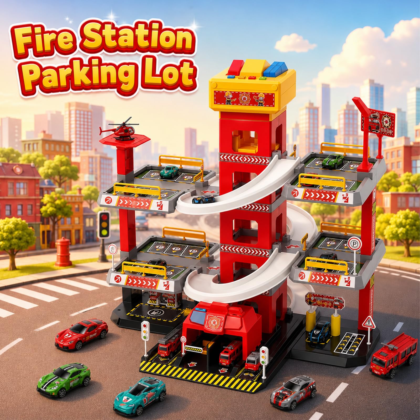Garage parcheggio a 5 piani per bambini, camion dei pompieri con ascensore, stazione di servizio e piazza di atterraggio degli elicotteri, 10 auto in metallo, 4 auto in lega e 1 elicottero, garage