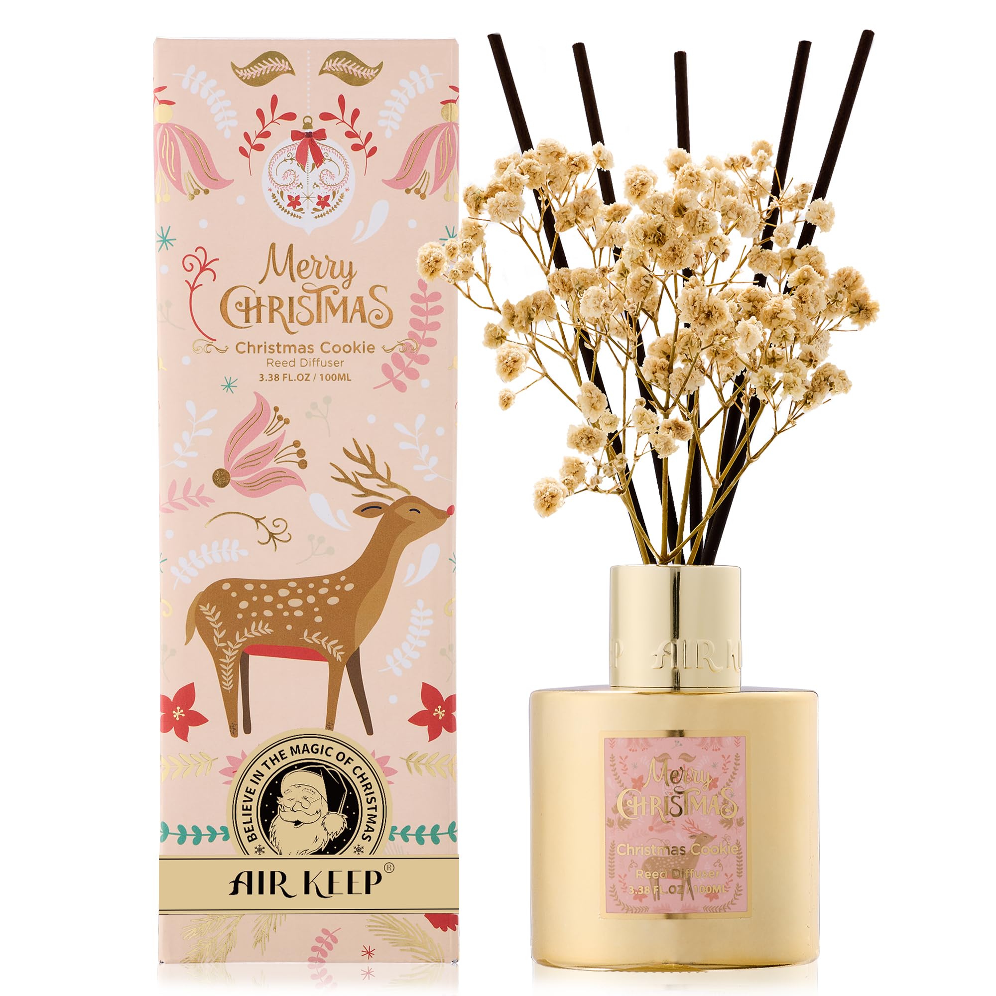 Airkeep Raumduft Christmas Cookie Duft, Reed Diffuser mit 8 Duftstäbchen, Weihnachten Lufterfrischer für Badezimmer, Wohnung, Heimdekoration, 100ml