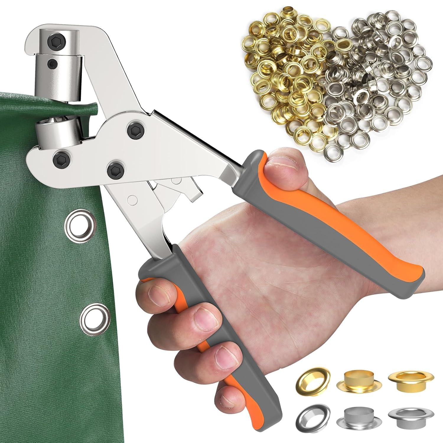 UMI Grommet Tool Kit - 3/8 Inch Grommet Kit Handheld Eyelet Pliers Set, Brass Grommet Eyelet Kits Save Effort Hole Punch Plier with 100 pcs Eyelets Grommets with Tool for Tarps Leather Paper Flag-picture-38