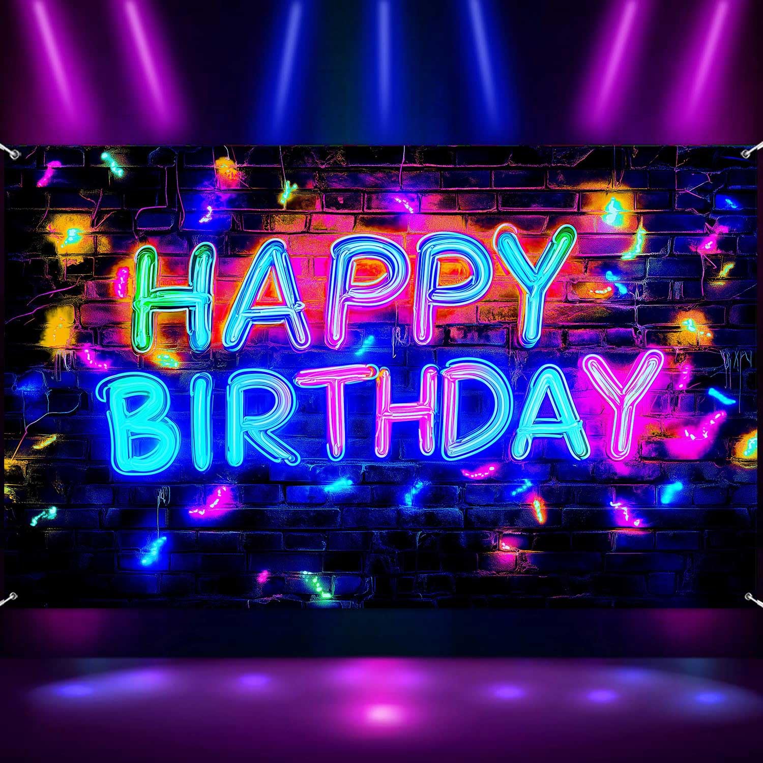 Neon Birthday Party Banner Backdrop, Glow In The Dark Blacklight Happy Birthday Large Banner Party Decorations Supplies, Yard Sign UV Reactive Poster