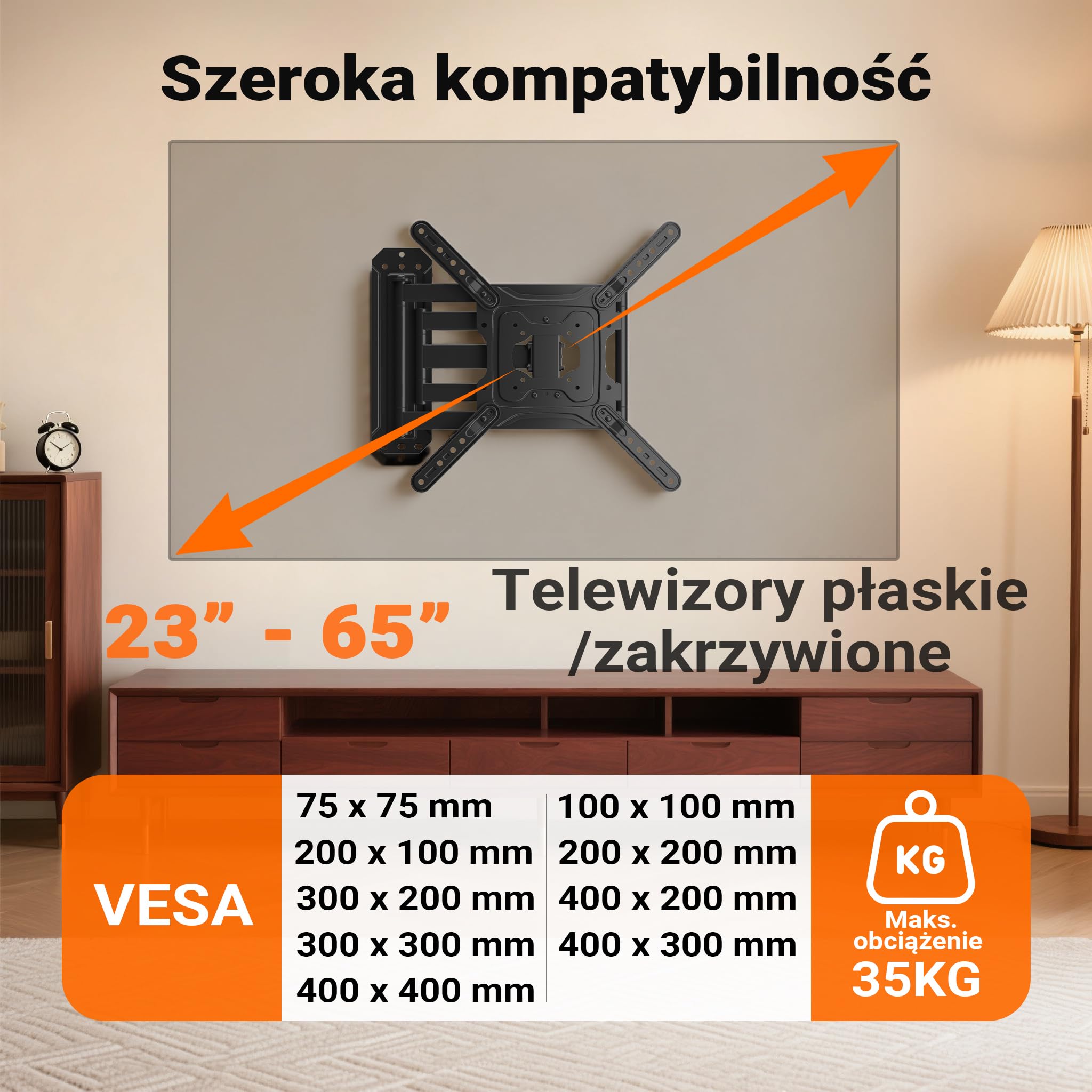 Wiltec Uchwyt TV 23"-65", ścienny wieszak do telewizorów o wadze do 35 kg, oszczędzające miejsce mocowanie