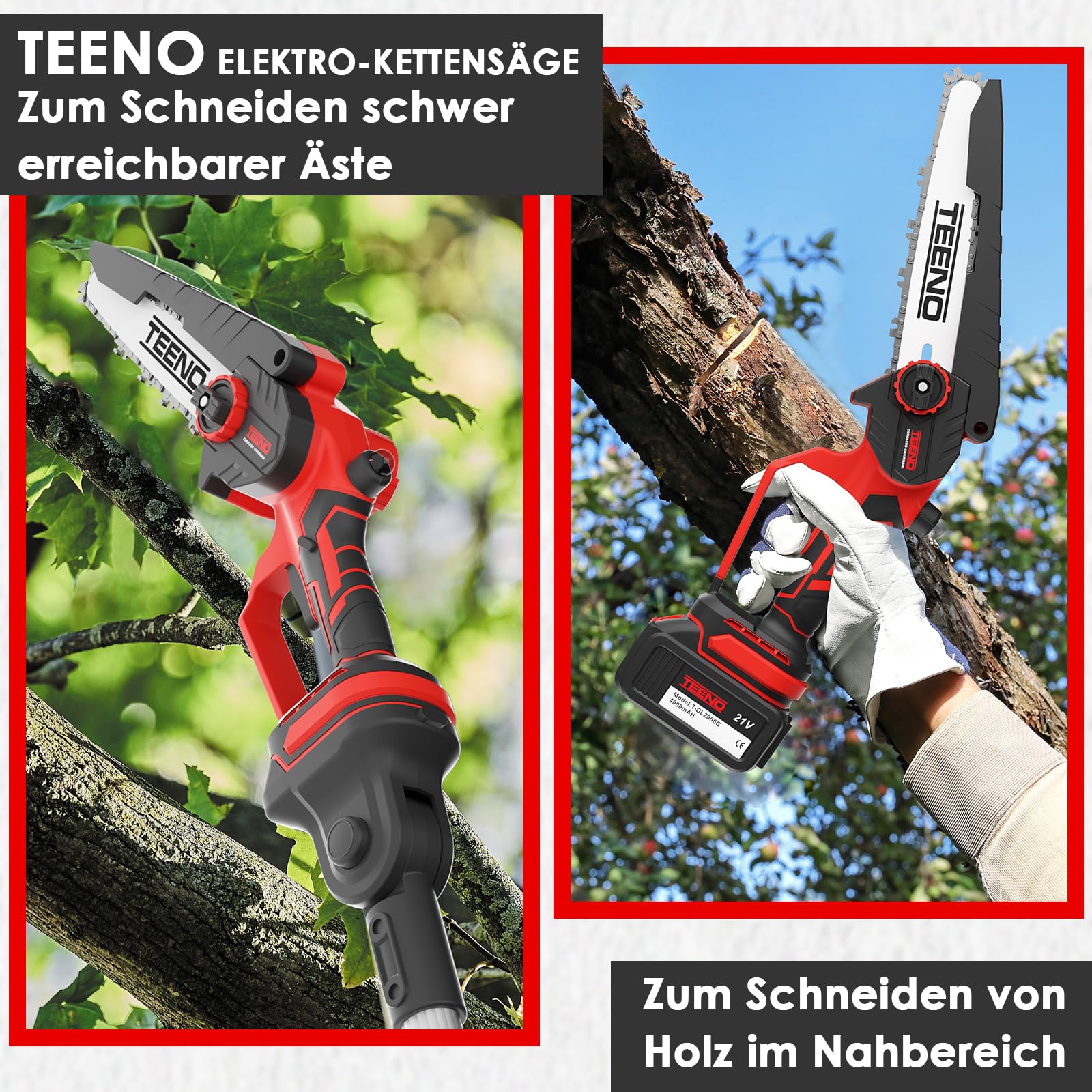 TEENO Hochentaster, Elektrische Kettensäge, 2 in 1, Elektrischer Teleskop-Kettensäge, Teleskopstange, 6 Zoll, 2 * 4000 mAH Akku