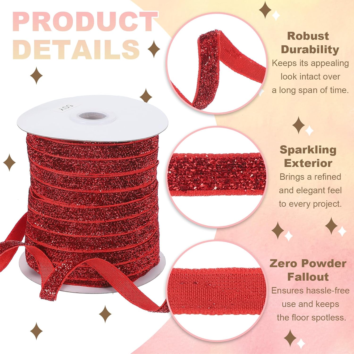 PATIKIL 3/8 Inch x 50 Yards Glitter Velvet Ribbon, 2 Pcs Sparkly Fabric Metallic Ribbons Gift Wrapping Roll for Crafts Hair Bow Wreaths Chrismas Tree Decorations, Red