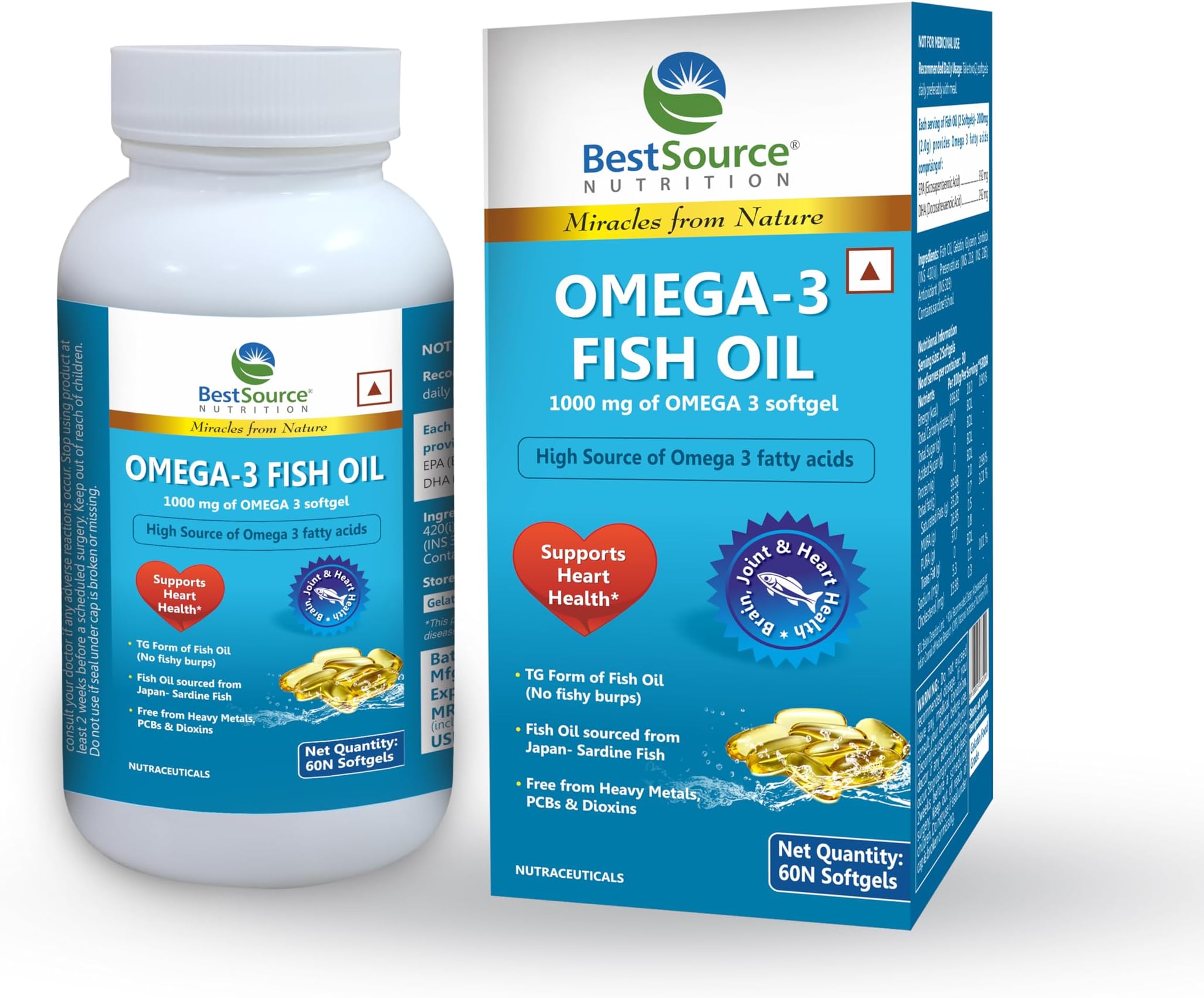 BestSource Omega 3 Fish Oil,(Upgraded EPA & DHA), 1000mg of Omega 3 capsule for healthy lipid profile, Free from Heavy Metals, PCBs, & Dioxins, No fishy smell, No burping, 60 softgels