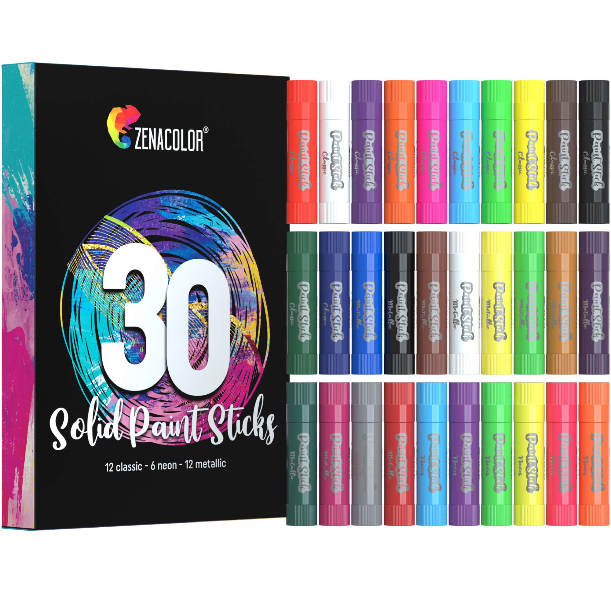 Zenacolor 30 Paint Sticks for Children - Art Supplies for Kids - Mess-free Painting Stick - Solid Colour