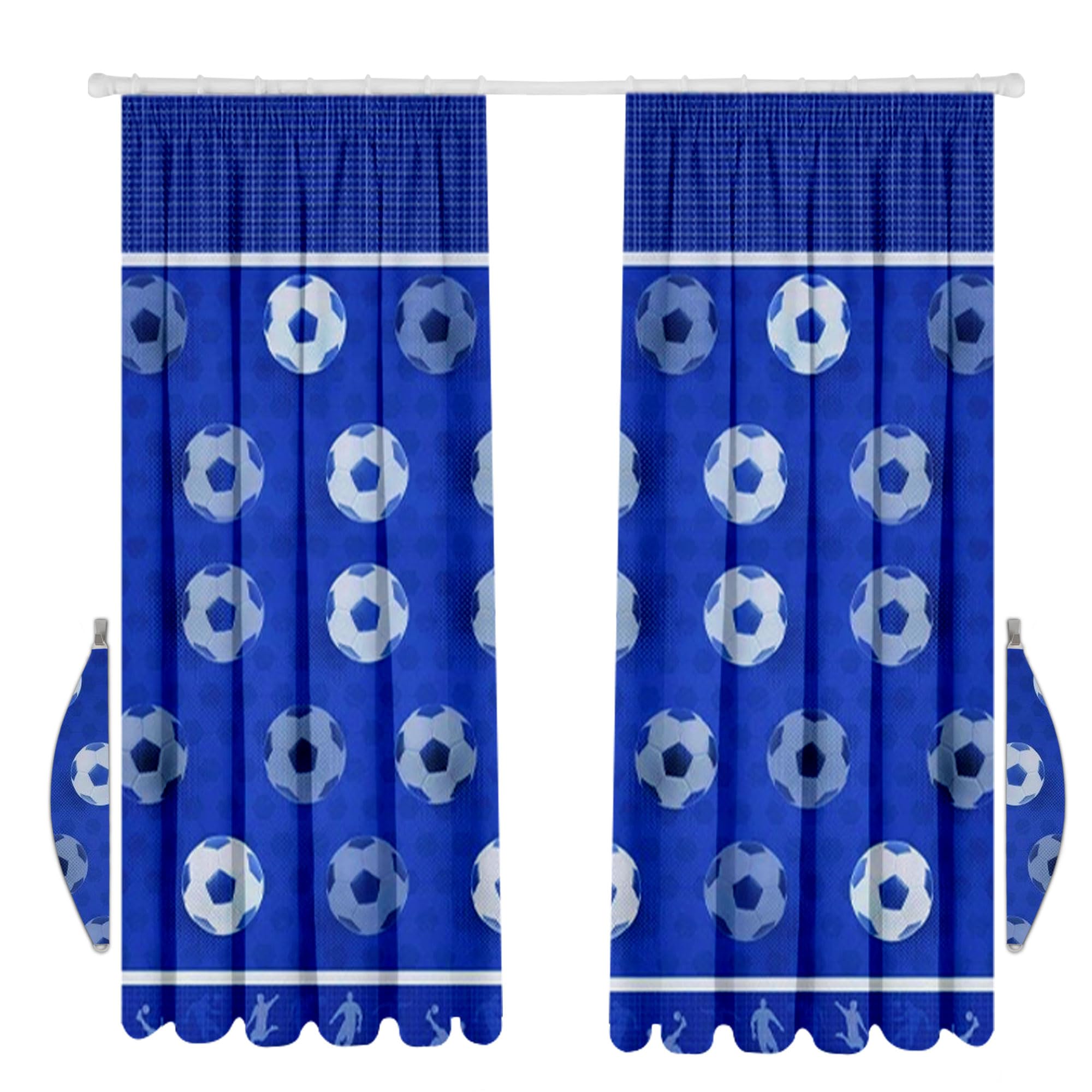 VELVETIO Kids Football Curtain with Matching Tie Back, Soft Polycotton Boys & Girls Window Panel for Bedroom, Hypoallergenic Soccer Ring Top Curtains 66x72cm, Blue