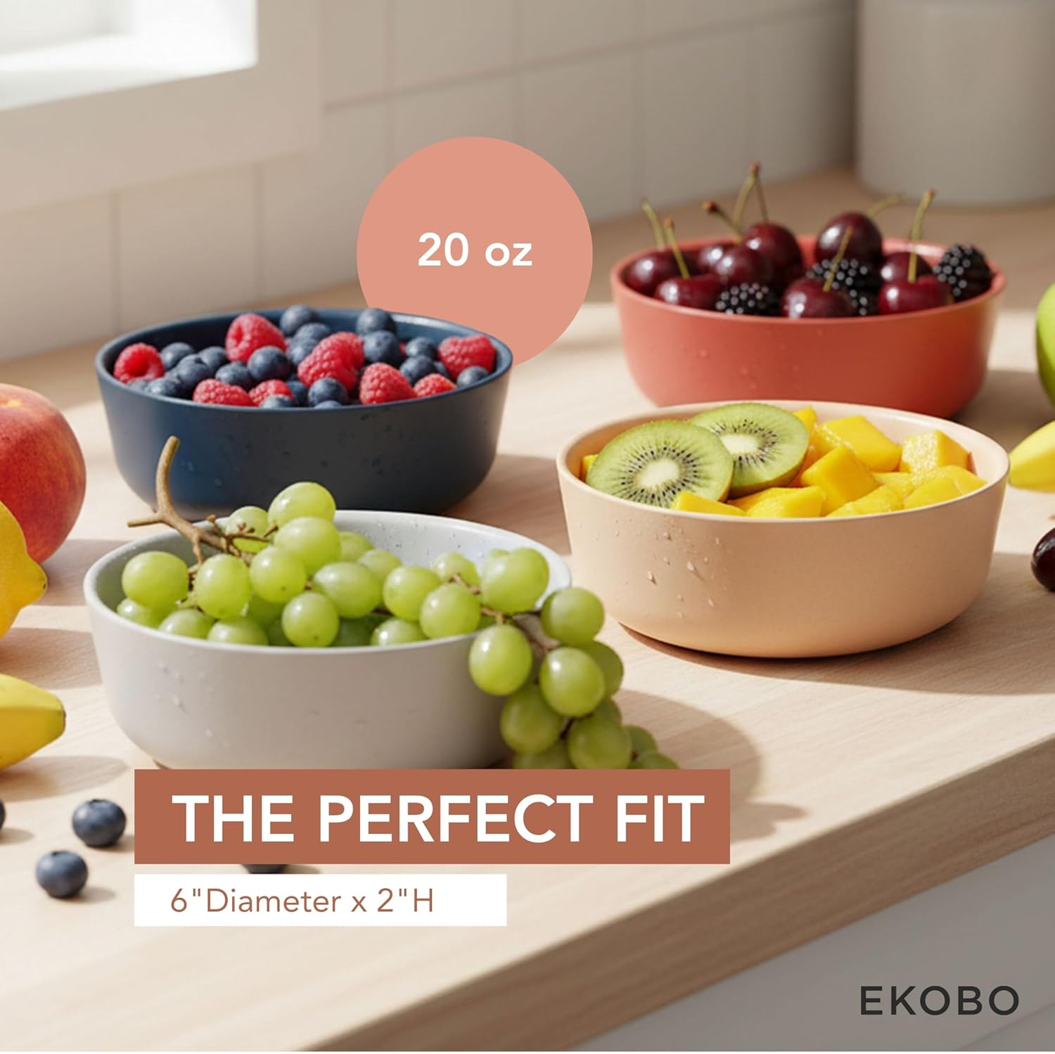 EKOBO Bamboo Kids Bowls Set of 4 SCANDI, 20 oz reusable Bowls in Blush, Cloud, Storm, Terracotta, Eco-Friendly, Stackable, Dishwasher Safe Bamboo Dinnerware for Kids & Families