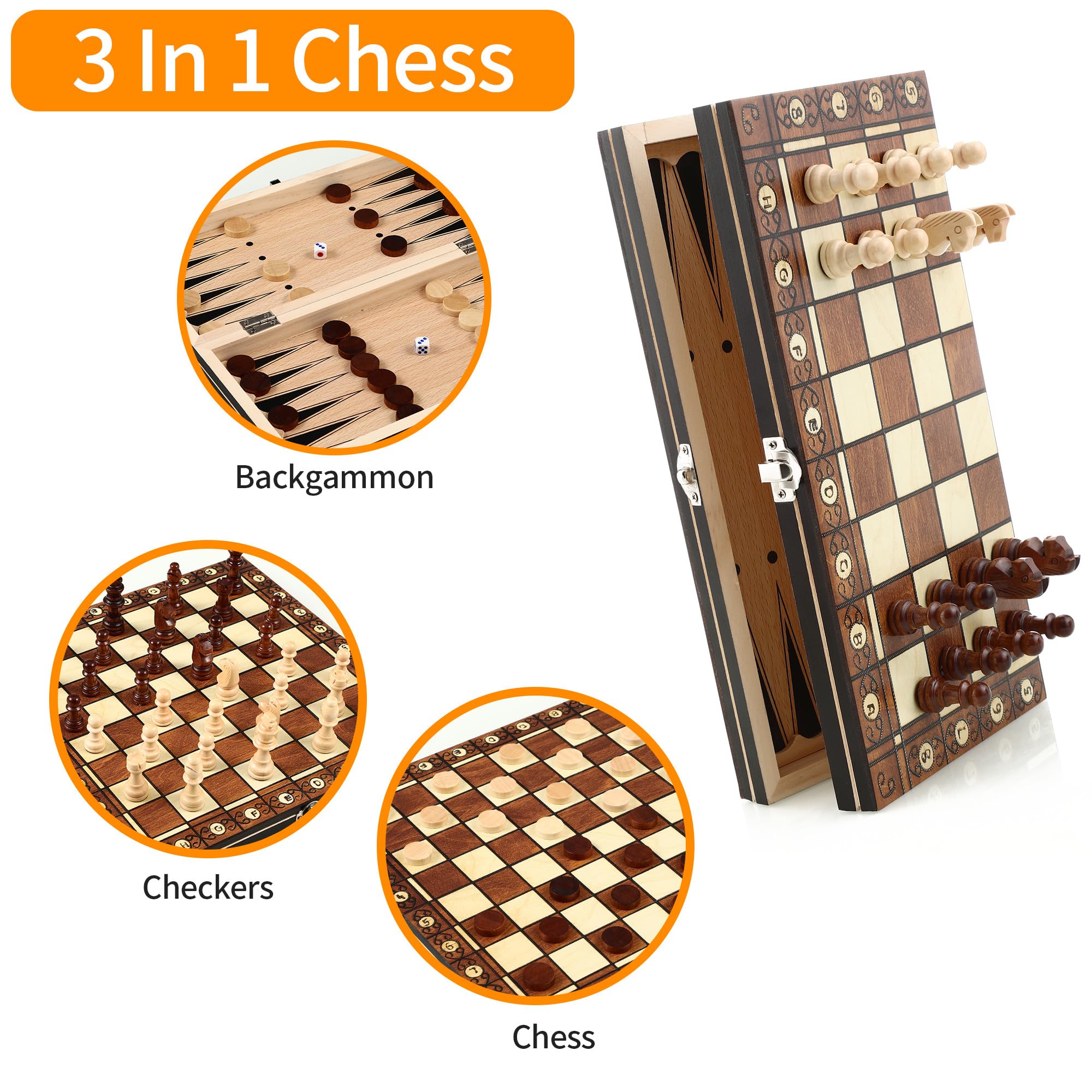 Scacchiera in Legno 3 in 1 - 29x29cm Magnetica e Portatile - Dama Gioco da Tavola per Bambini, Adulti, Feste, Attività Familiari