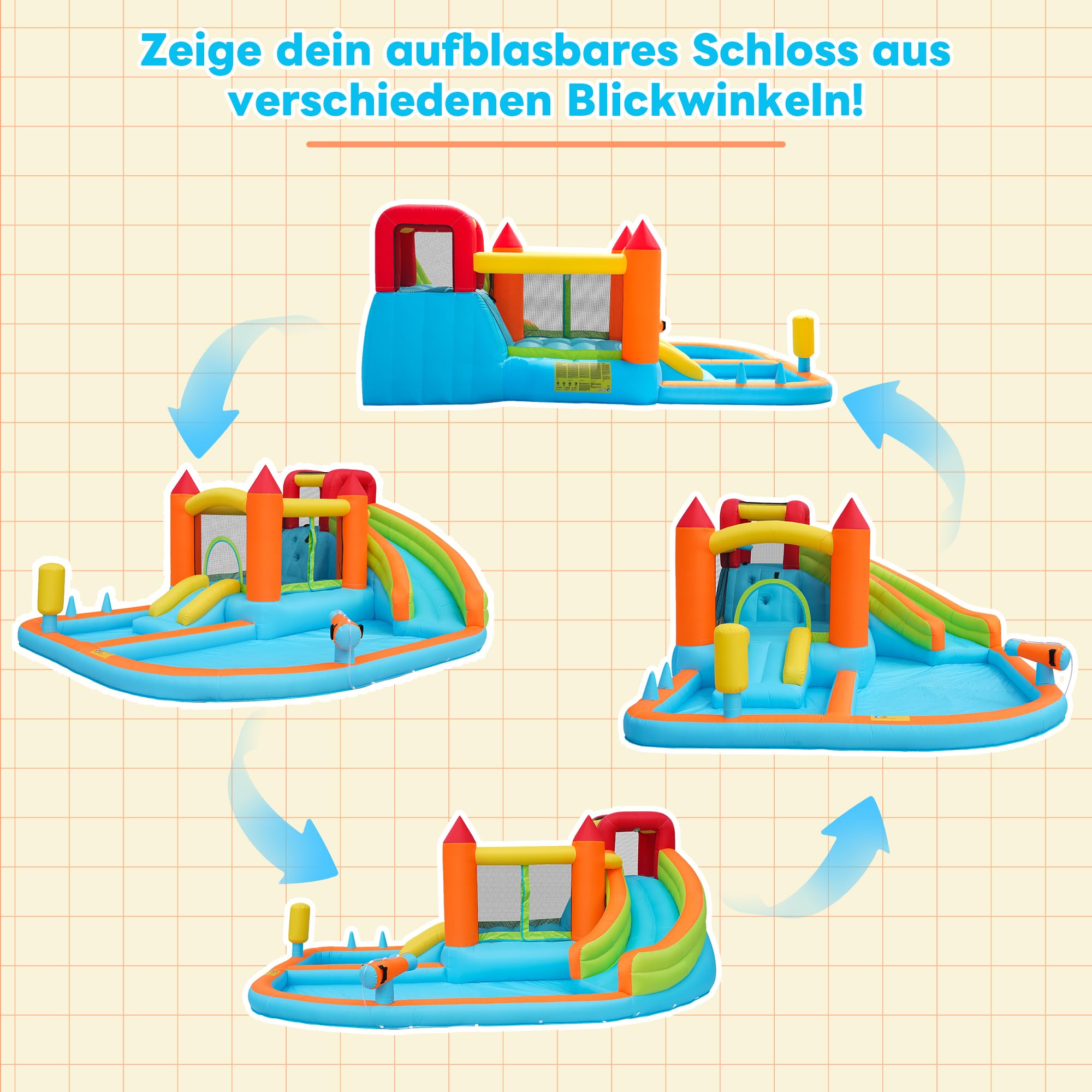 Castillo hinchable con tobogán acuático y trampolín – Parque acuático multifuncional, piscina infantil, canasta de baloncesto, pistolas de agua, soplador de 450 W, 460 x 343 x 190 cm, para interiores