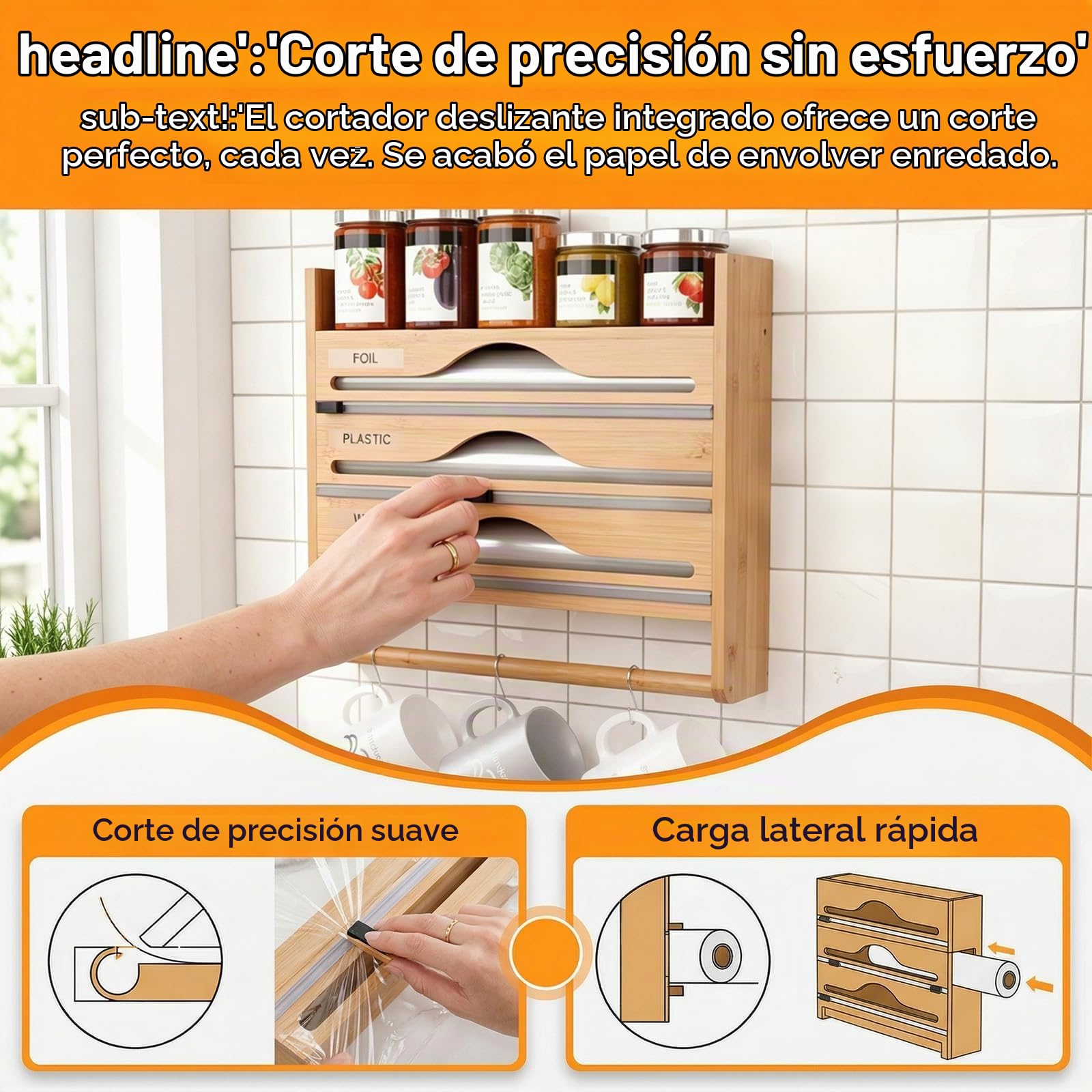 Dispensador Papel Aluminio y Film con Cortador, Portarrollos Cocina Pared 5 en 1 de Bambú, Organizador Film Transparente con Estante Especias