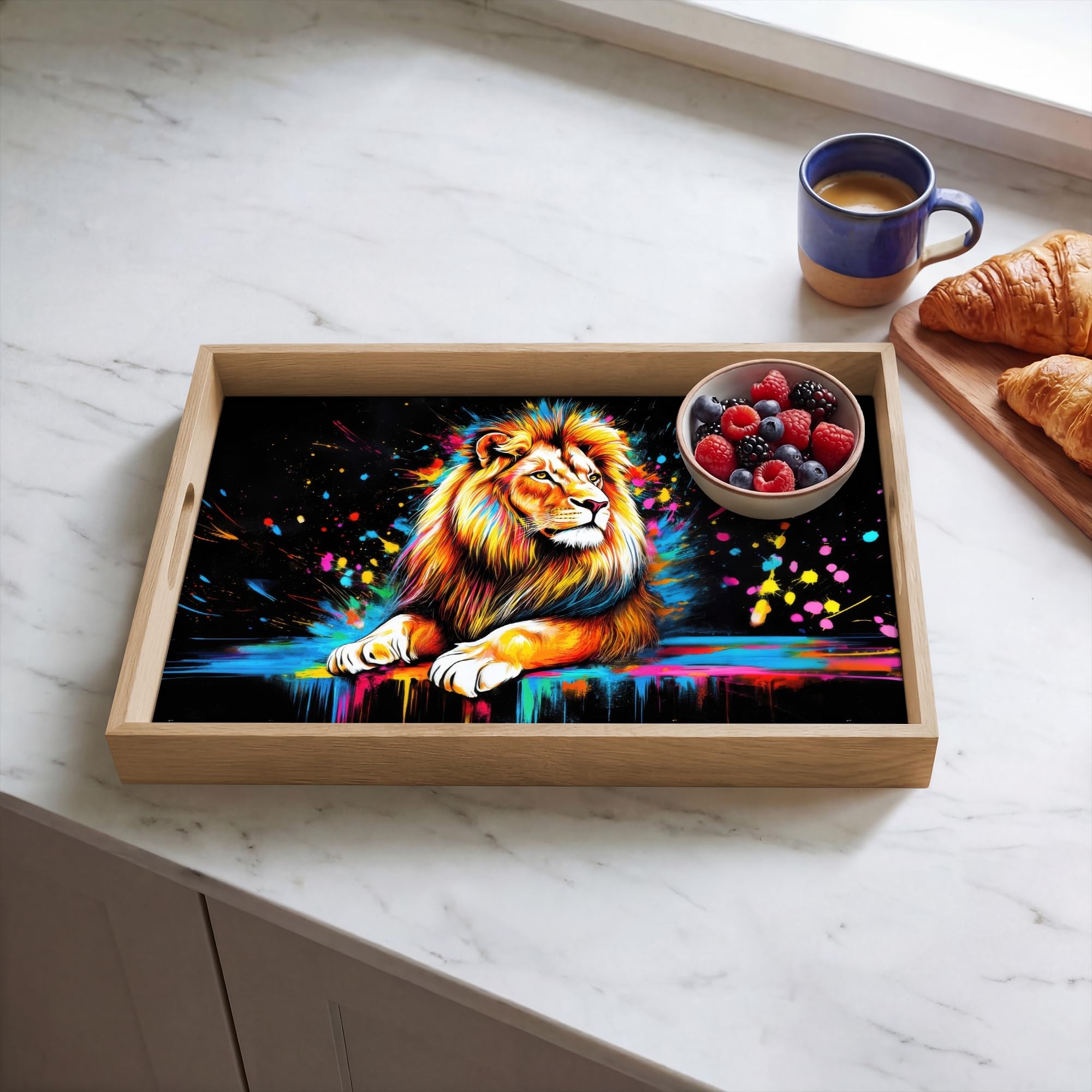 Holztablett Rechteckig 50x35 cm Küchentablett Servier Tablett Eiche Serviertablett Holz Servierplatte Mit Henkel Tray Kaffeetablett Löwe - Bunt - Spritzer