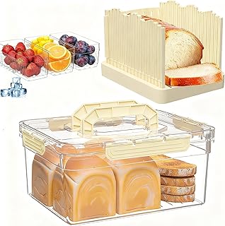 Bread Box with Slicer & Ice Chilled Condiment Caddy, Portable Airtight Bread Storage Container with Lid Handle for Kitchen Counter, Bread Keeper for Homemade Bread,Toast, Bagel, Cookies, Beige