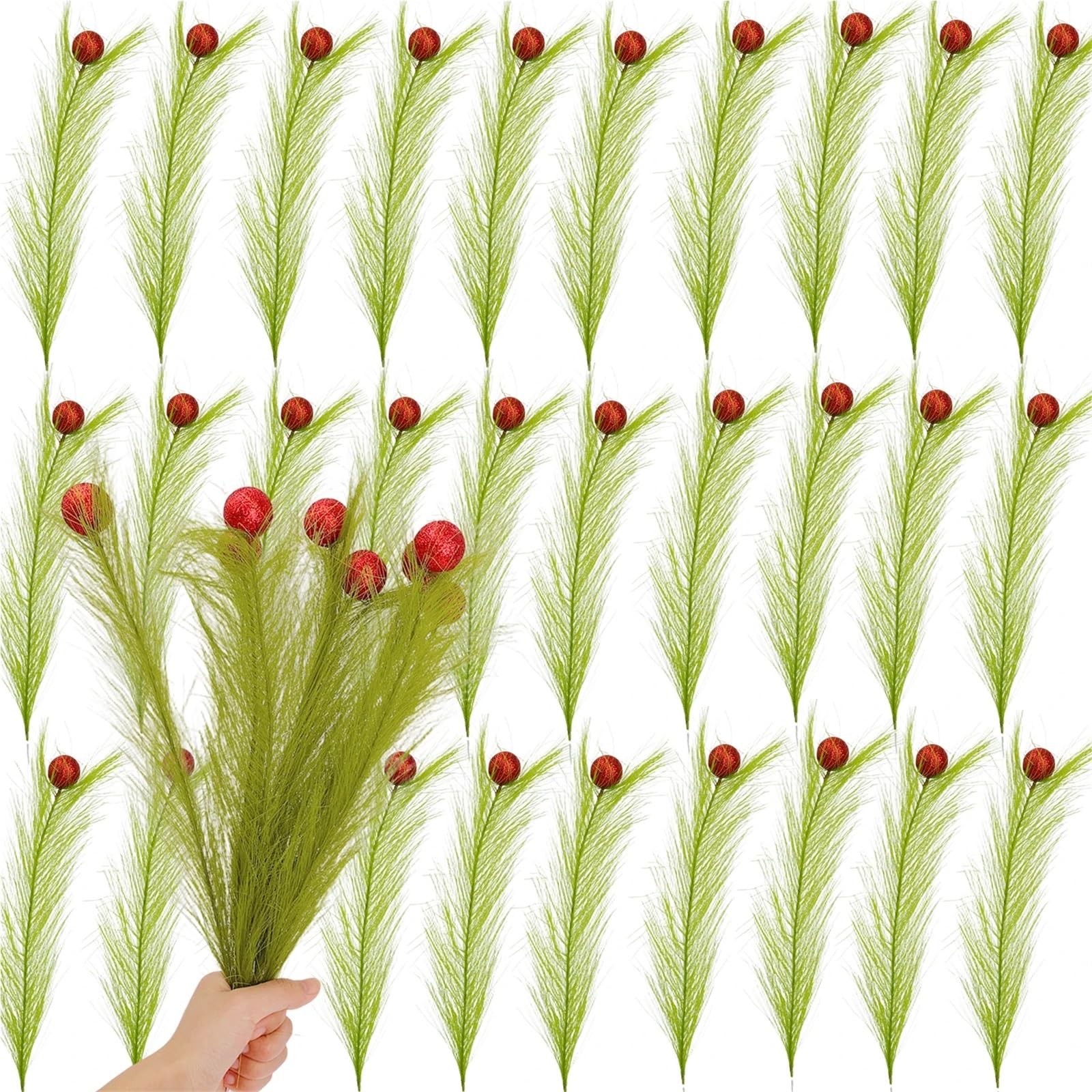 Herbe de Pampa Artificielle avec Boules Scintillantes, Plantes artificielles Vertes et Rouges for décoration Sapin Mariage(50pcs)