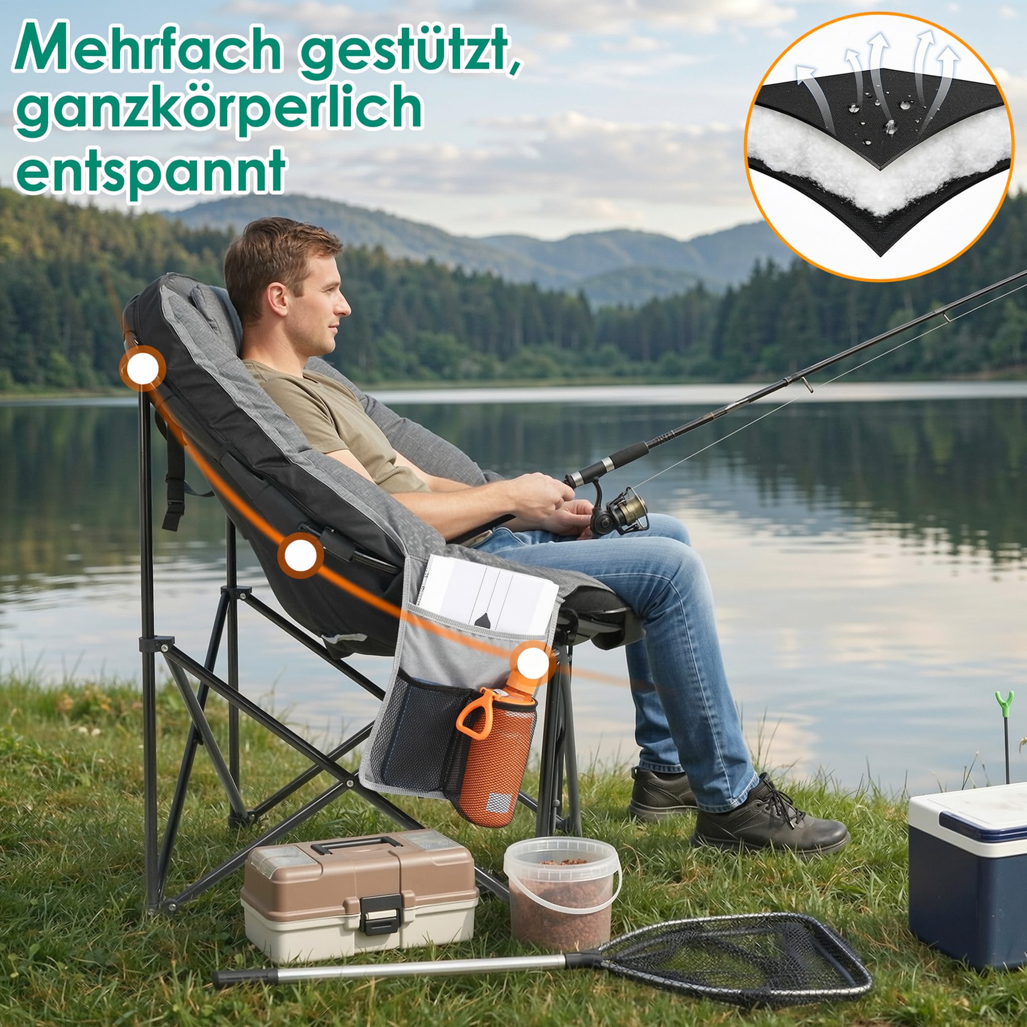 LIFERUN Moonchair Luxus 150KG, Campingsessel rund,Faltstuhl Camping Outdoor | Campingstuhl Faltbar mit Dick Gepolstert, Lagerungstasche, AntiRutsch-Füße, Seitentasche, für Garten, Angeln, Strand, Grau