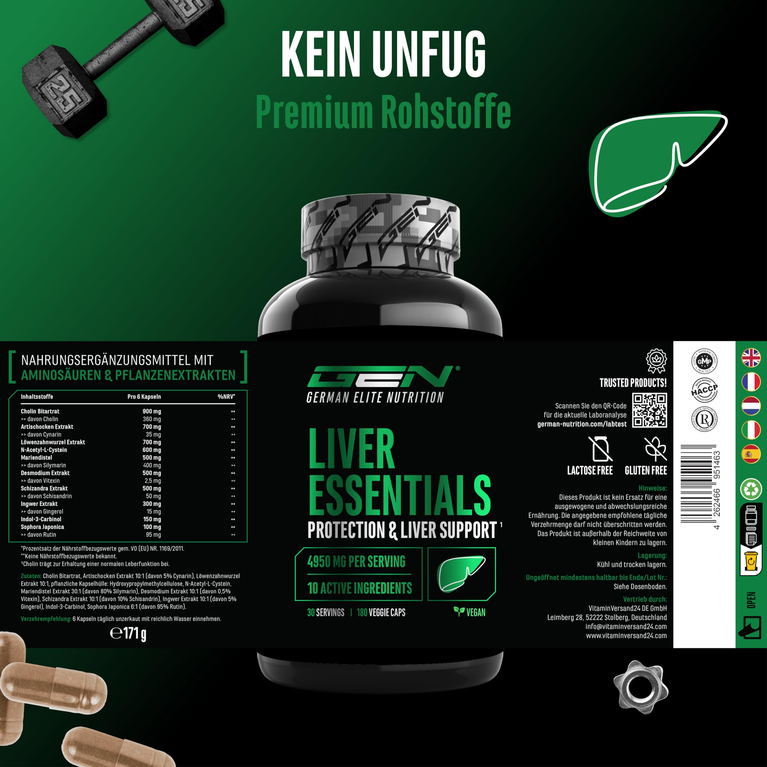 Liver Essentials - 180 Kapseln - Hochdosierter Leber Komplex mit Mariendistel, Cholin, NAC, Artischocken, Löwenzahn, Schizandra, Ingwerextrakt, Indol-3-Carbinol, Desmodium, Rutin - Vegan