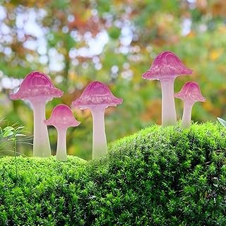 Mini Mushroom Figurines, Tiny Mushrooms Miniature Mushrooms Fairy Garden Accessories Terrarium Decor Micro Resin Mushroom Fairy Garden Decor Mushrooms with Stakes Translucent Pink 5PCs