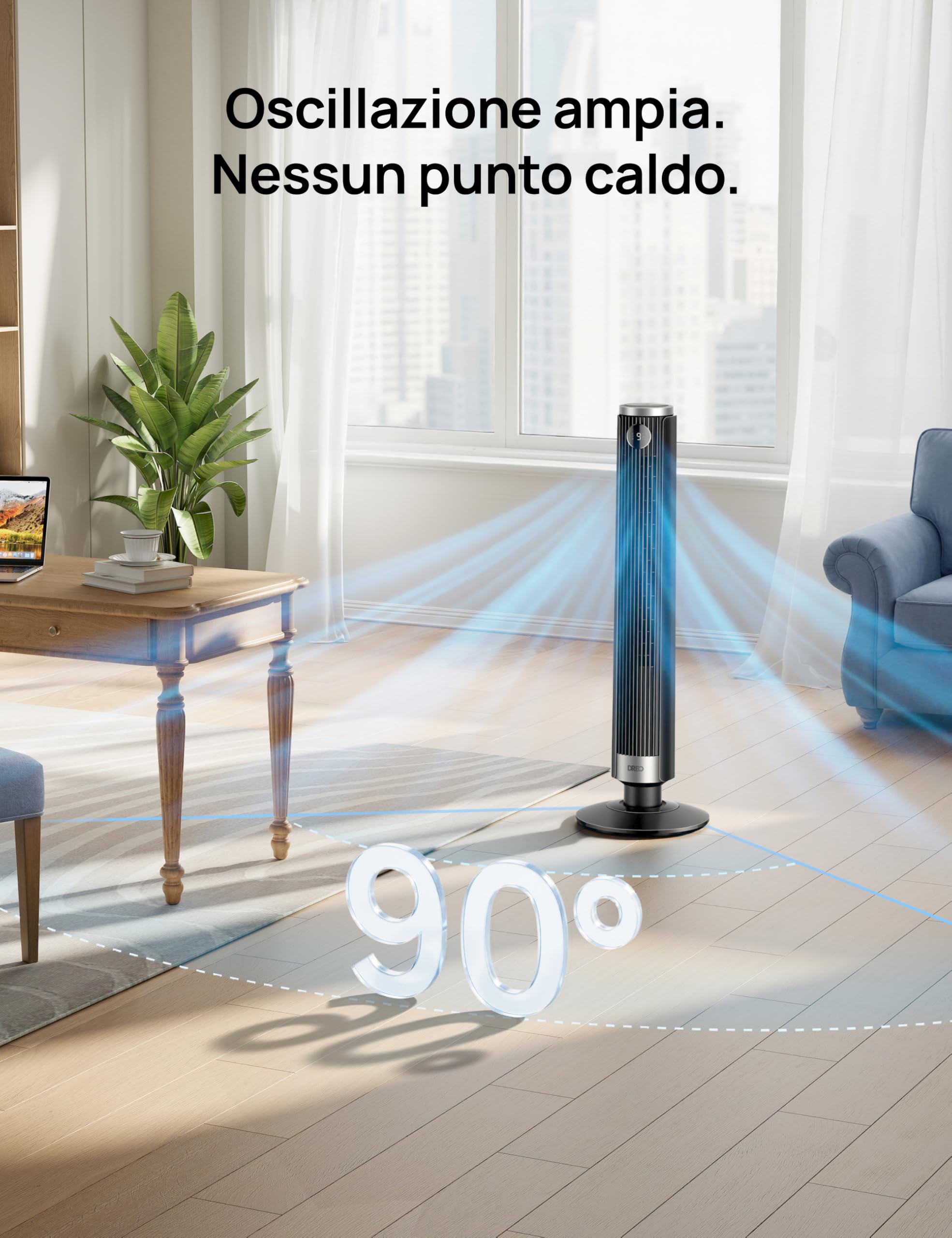 DREO Ventilatore a Torre Smart 554S, Ventilatore a Torre Regolabile 102–114cm per Camera, 8.4 m/s, Oscillazione 90°, Silenzioso 20 dB Dormire, 9 Velocità, 4 Modalità, Timer 12 h per Casa e Ufficio