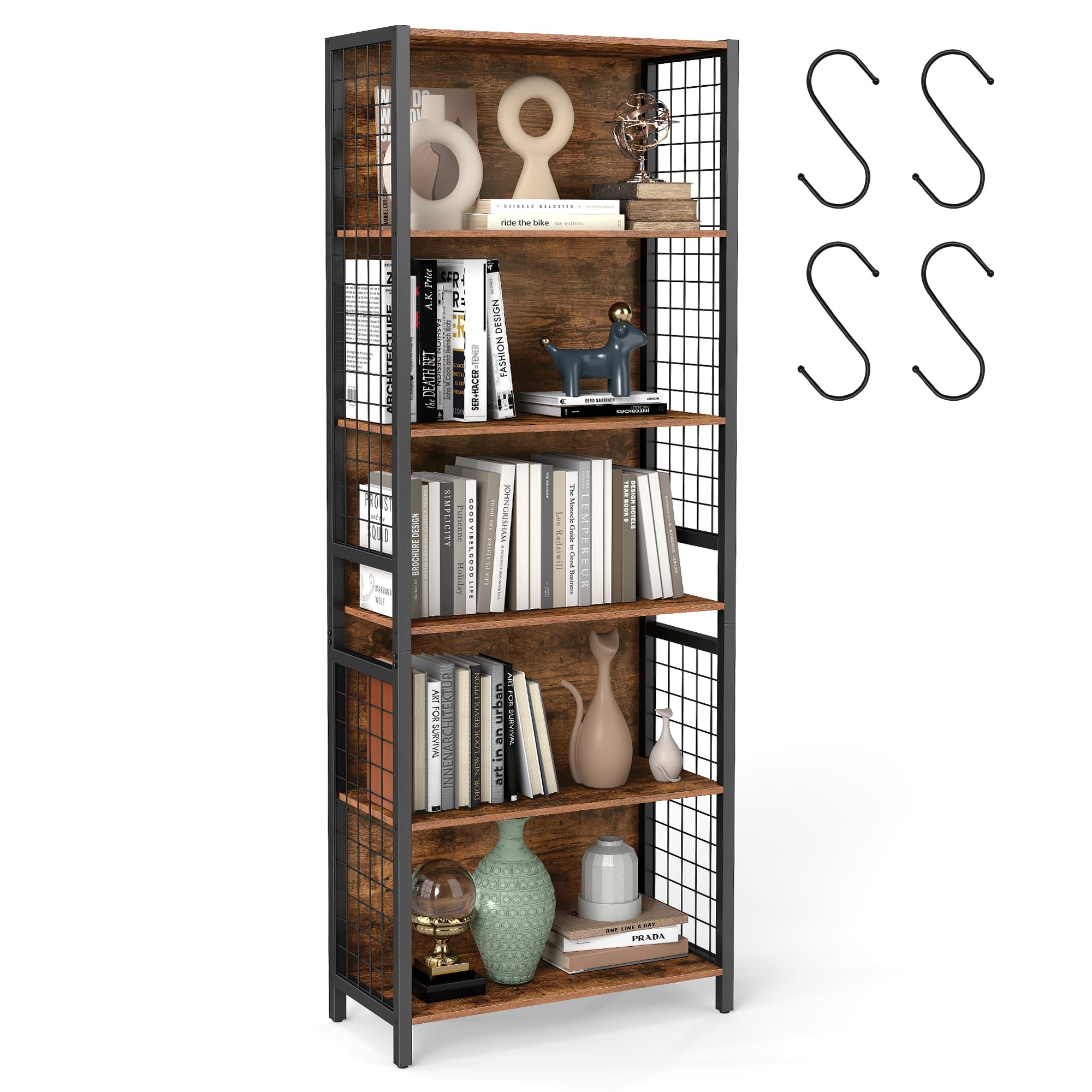 VASAGLE Bücherregal, Büroregal, Küchenregal, Standregal mit 6 Ablagen, 4 S-Haken, 30 x 60 x 175,6 cm, für Büro, Wohnzimmer, Arbeitszimmer, vintagebraun-tintenschwarz LLS171K01