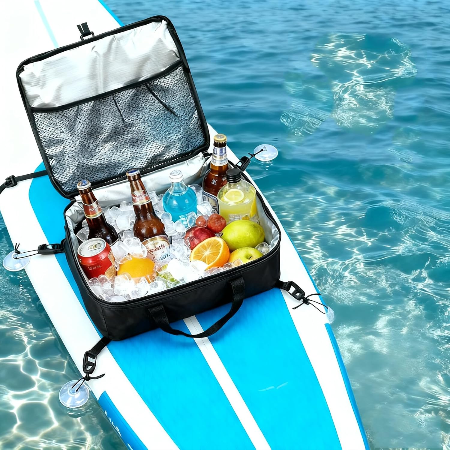 Floating Cooler Bag with Suction Cup Anchors, Insulated, Black, Waterproof Oxford Fabric, Aluminum Layer, Mesh Storage (Black)
