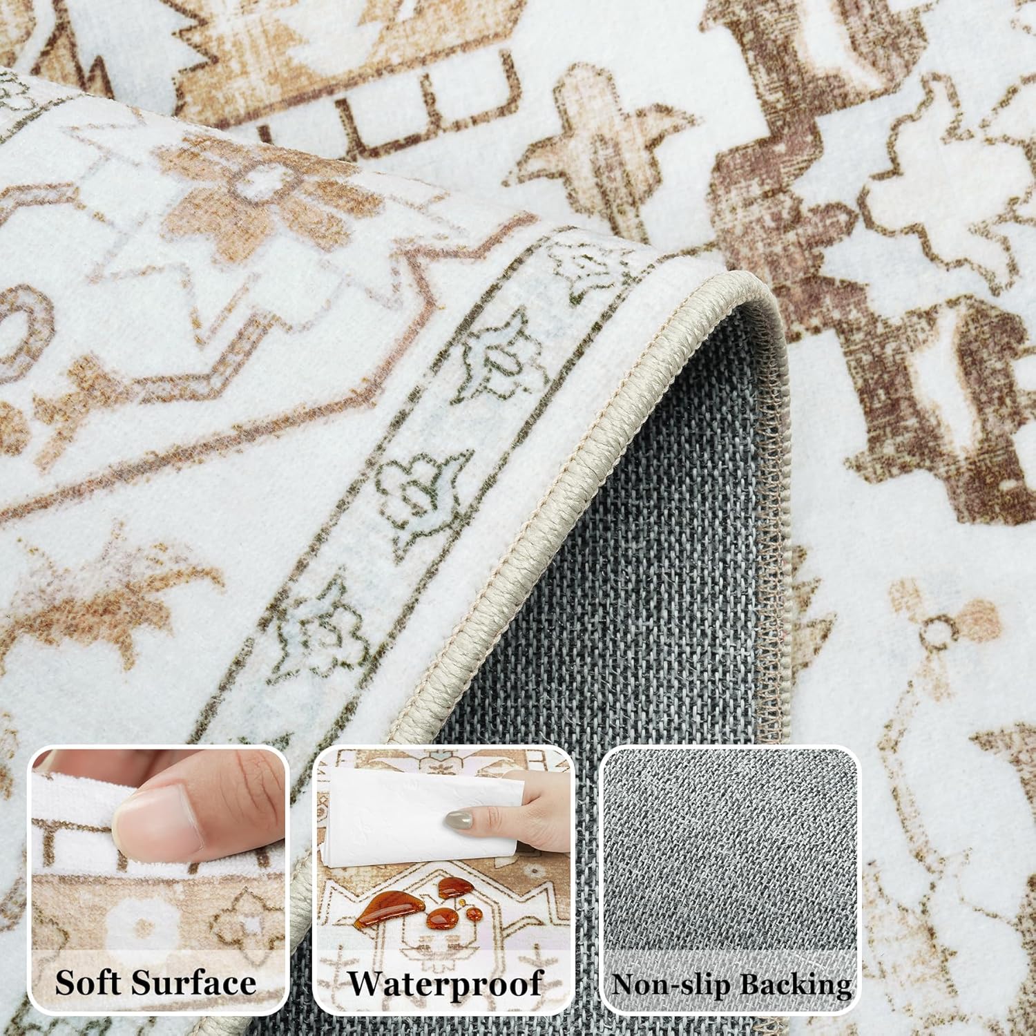 5x7 Area Rugs for Living Room, Washable Rug for Bedroom Dining Home Office, Soft Non-Slip Rubber Vintage Boho Large Carpet, Print Distressed Carpet for Modern Nursery Office Beige