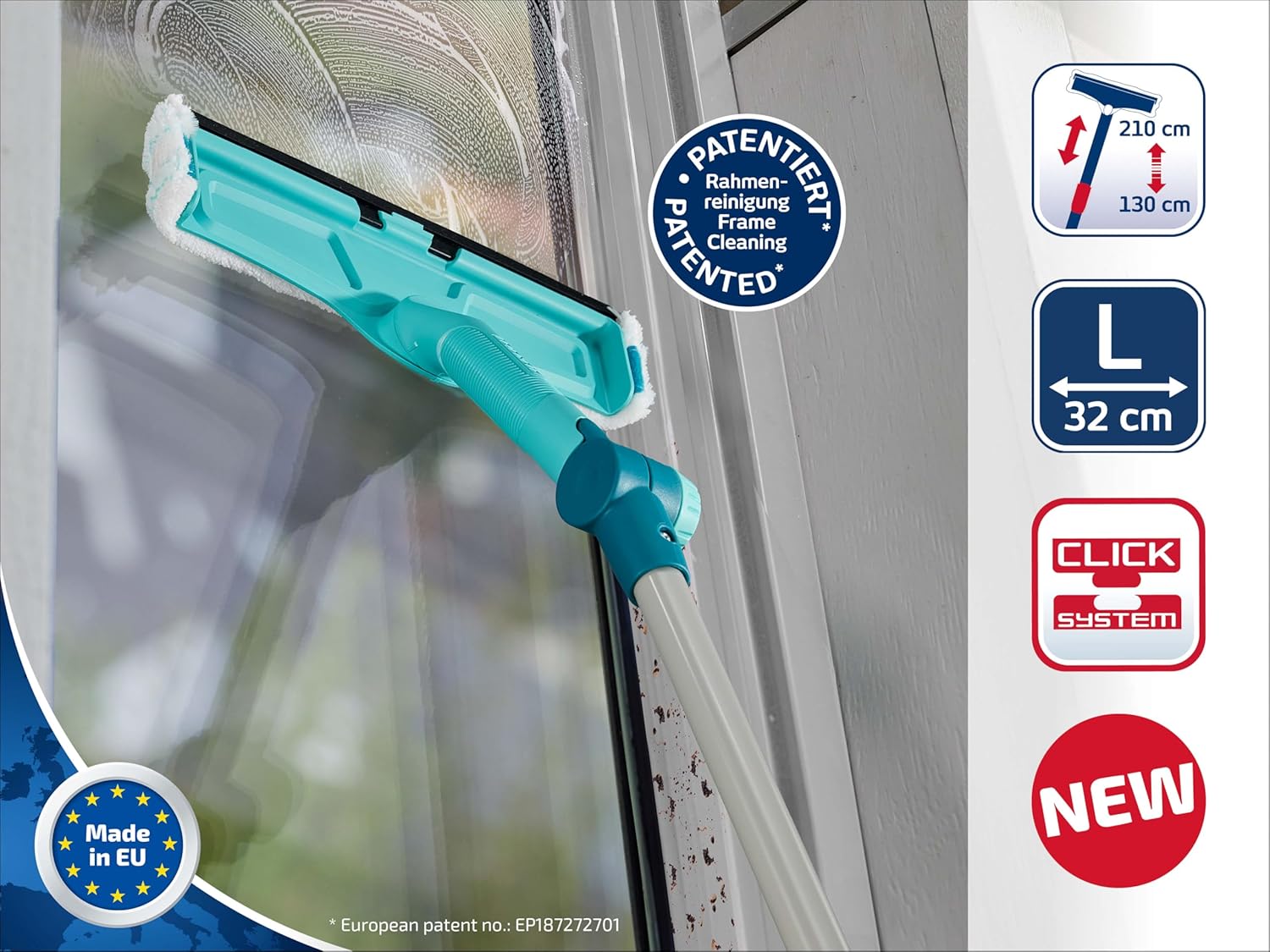 Leifheit 3 in 1 Telescopic Window Cleaner, Window Squeegee with Telescopic Handle 110-200 cm, Extendable Squeegee with Integrated Microfibre Cover