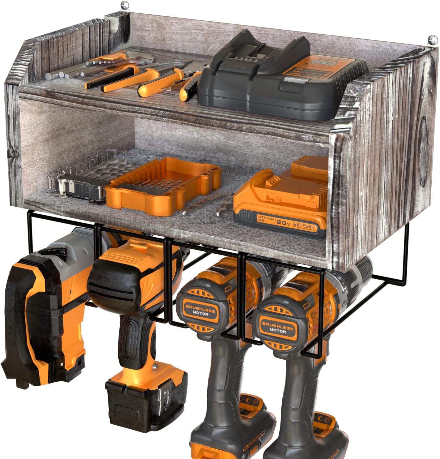 J JACKCUBE DESIGN Power Tool Organizer and Storage, Drill Holder Wall Mount Charging Station Garage Storage Cabinets - MK681A (Rustic Wood) J JACKCUBE DESIGN Power Tool Organizer and Storage, Drill Holder Wall Mount Charging Station Garage Storage Cabinets - MK681A (Rustic Wood)