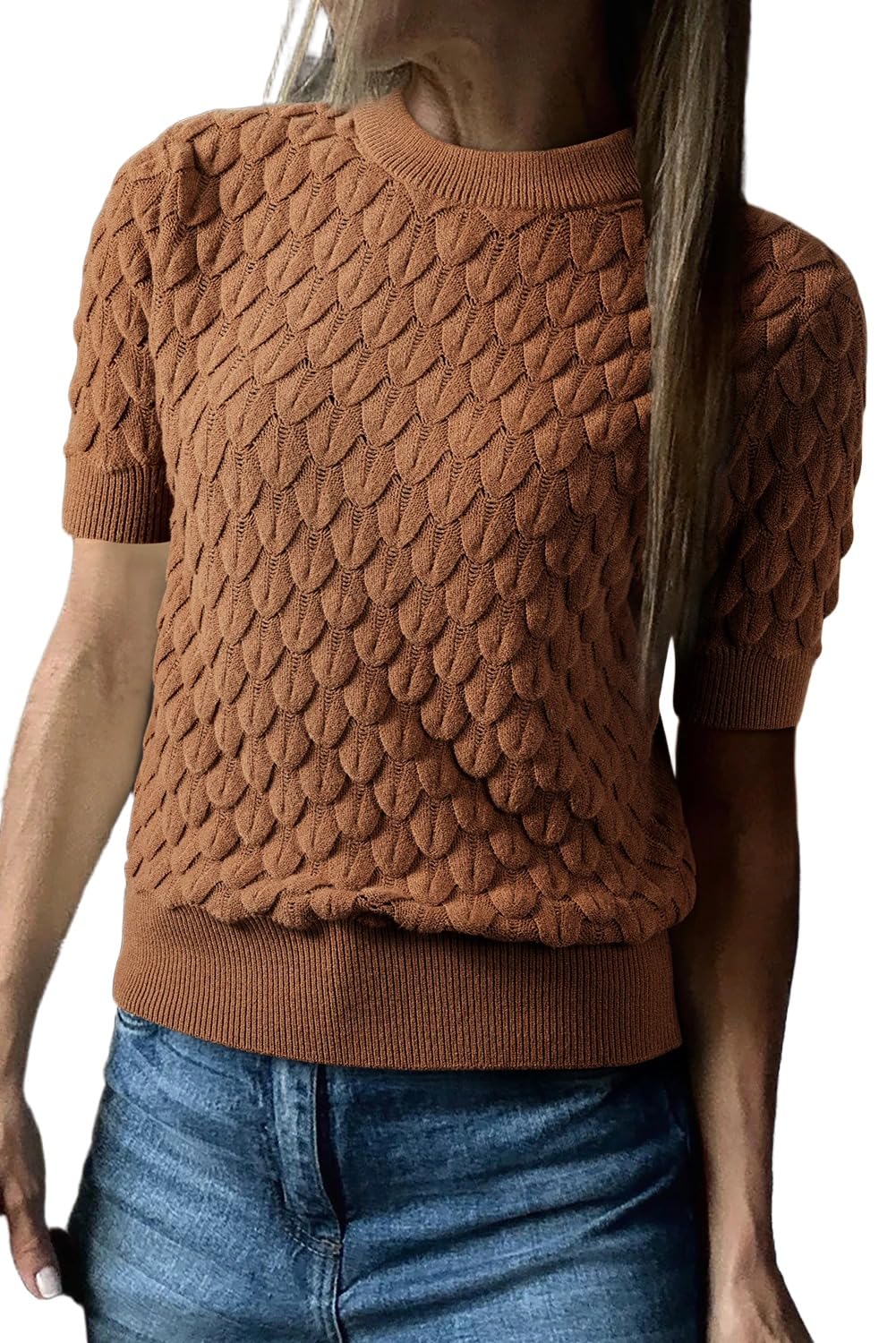 Apvirdy Womens Fish Scale Textured Knit Sweater Casual Loose Ribbed High Neck Short Sleeve Sweaters Pullover Tops
