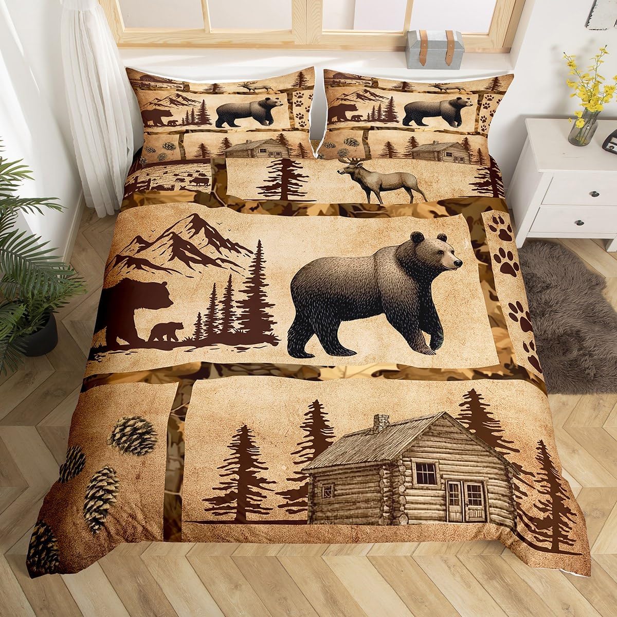 jejeloiu Lodge Cabin Duvet Cover Set Bear Silhouette Bedding Set for Kids Boys Girls Pine Tree Comforter Cover Wild Animal Jungle Style Quilt Cover Room 2Pcs Toddler Size,Zipper,No Comforter