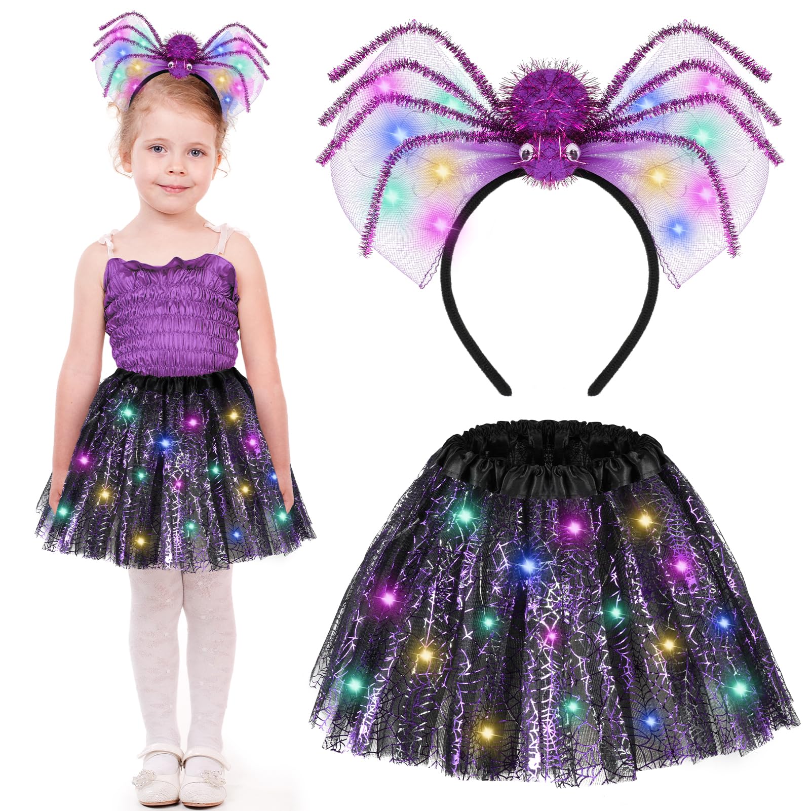 LED Spinnenkostüm Für Mädchen | Leuchtender Tüllrock Mit Spinnennetz-Stirnband | Halloween Karneval