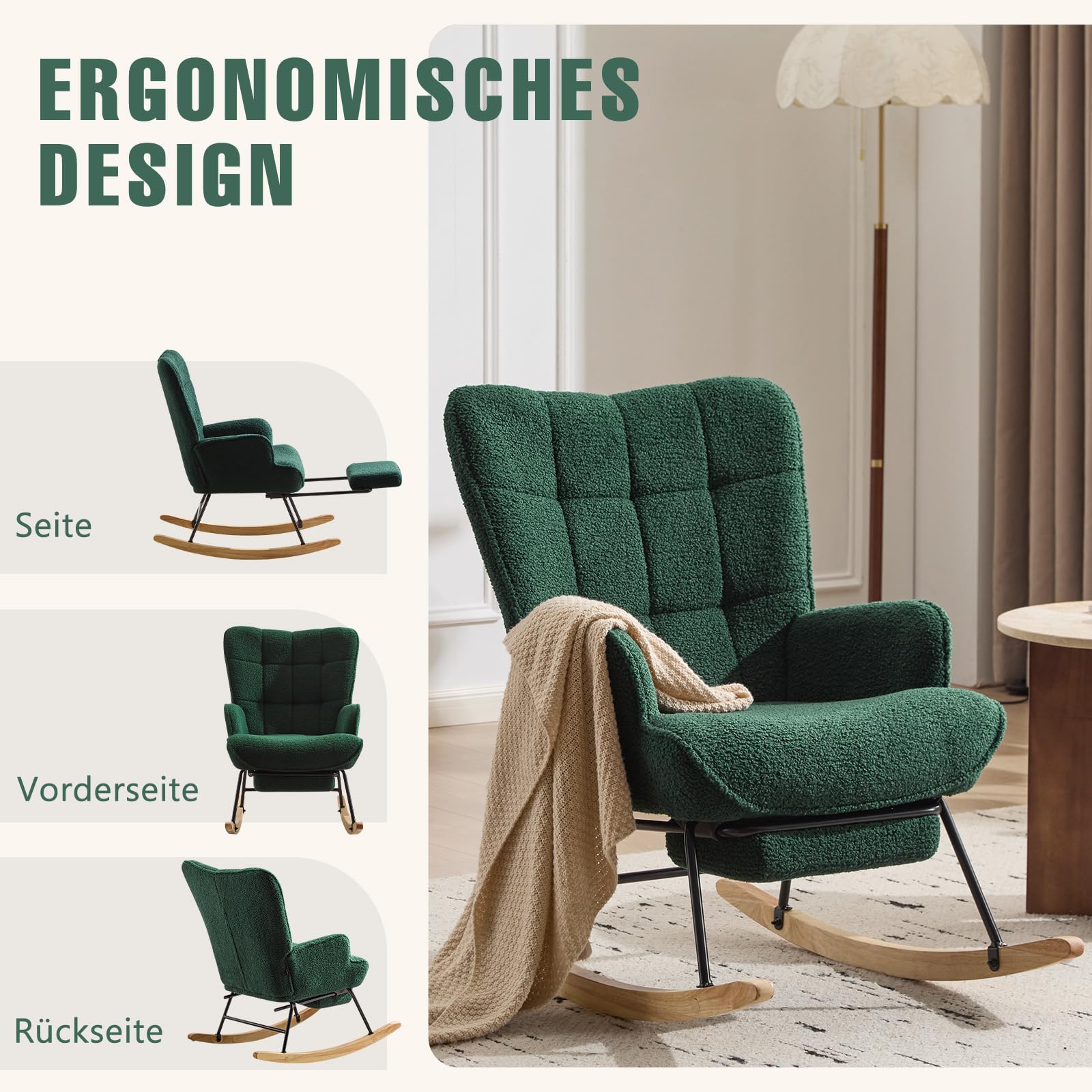 Schaukelstuhl mit Fußstütze, Schaukelsessel mit Fußstütze, Teddystoff Gepolsterter Relaxstuhl Lesesessel Sessel mit Holzkufen für Schlafzimmer Wohnzimmer, Grün